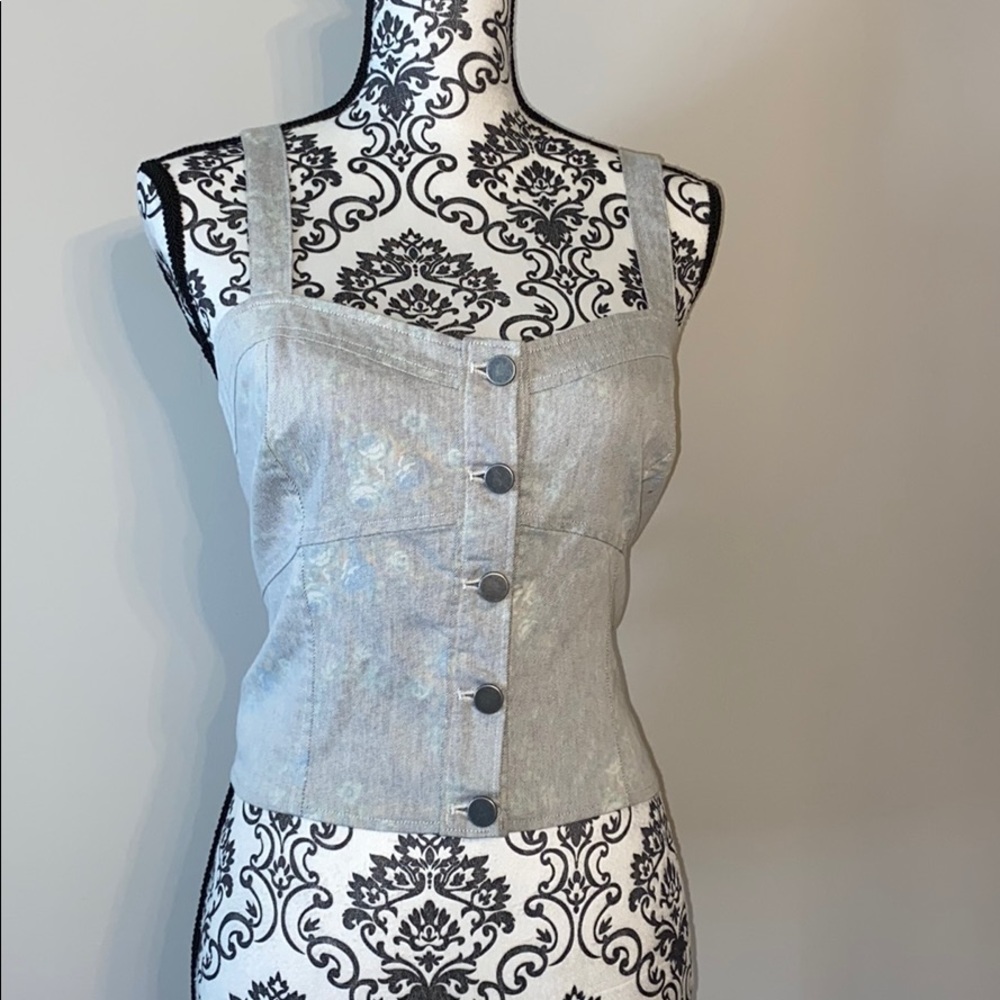Wide strap button up floral denim tank
